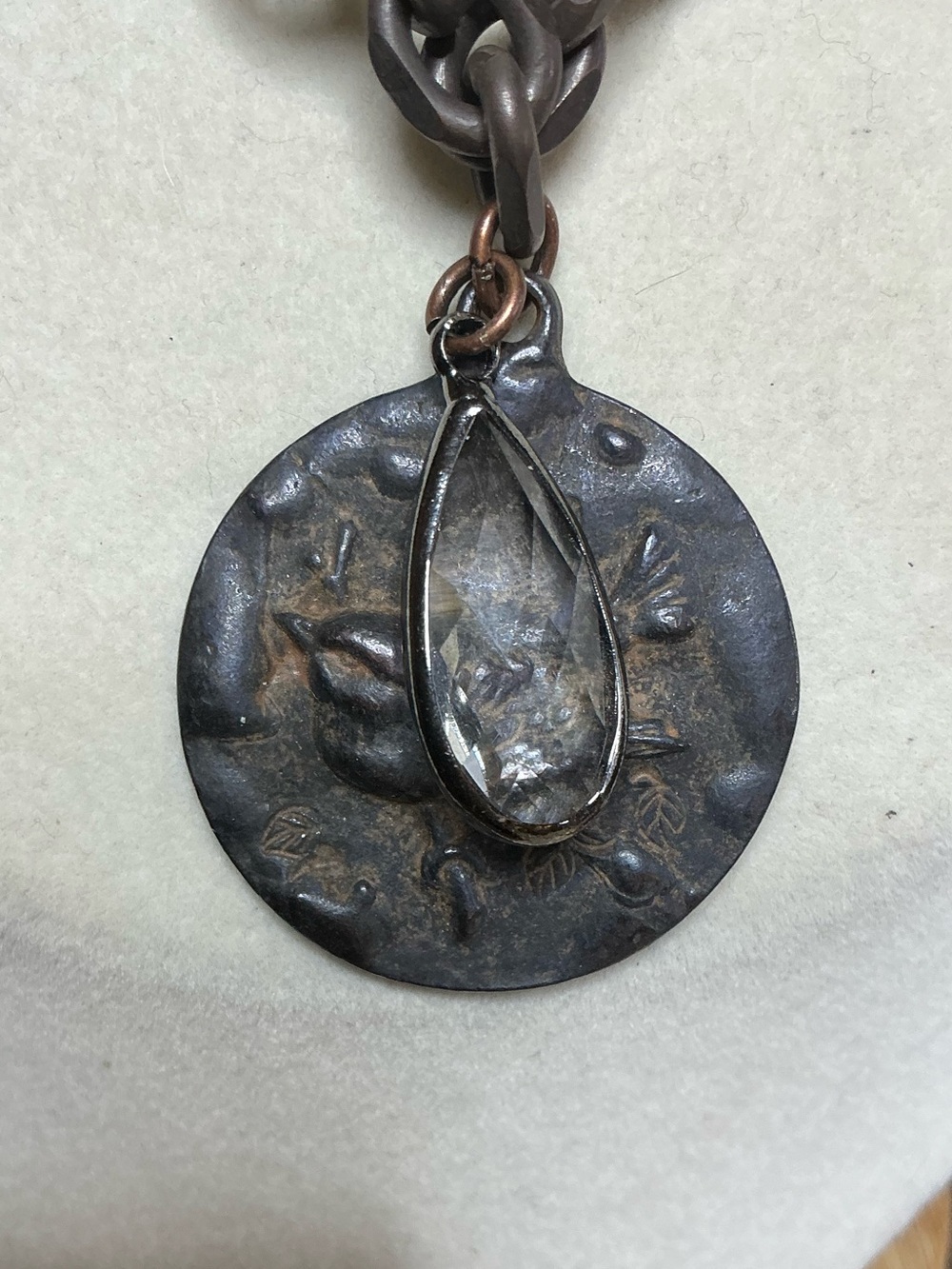 Rustic Copper Chain 17” with Bird Coin and Clear Crystal - Picture 3 of 4